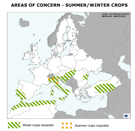 Map showing areas of concern for EU arable crops 2022